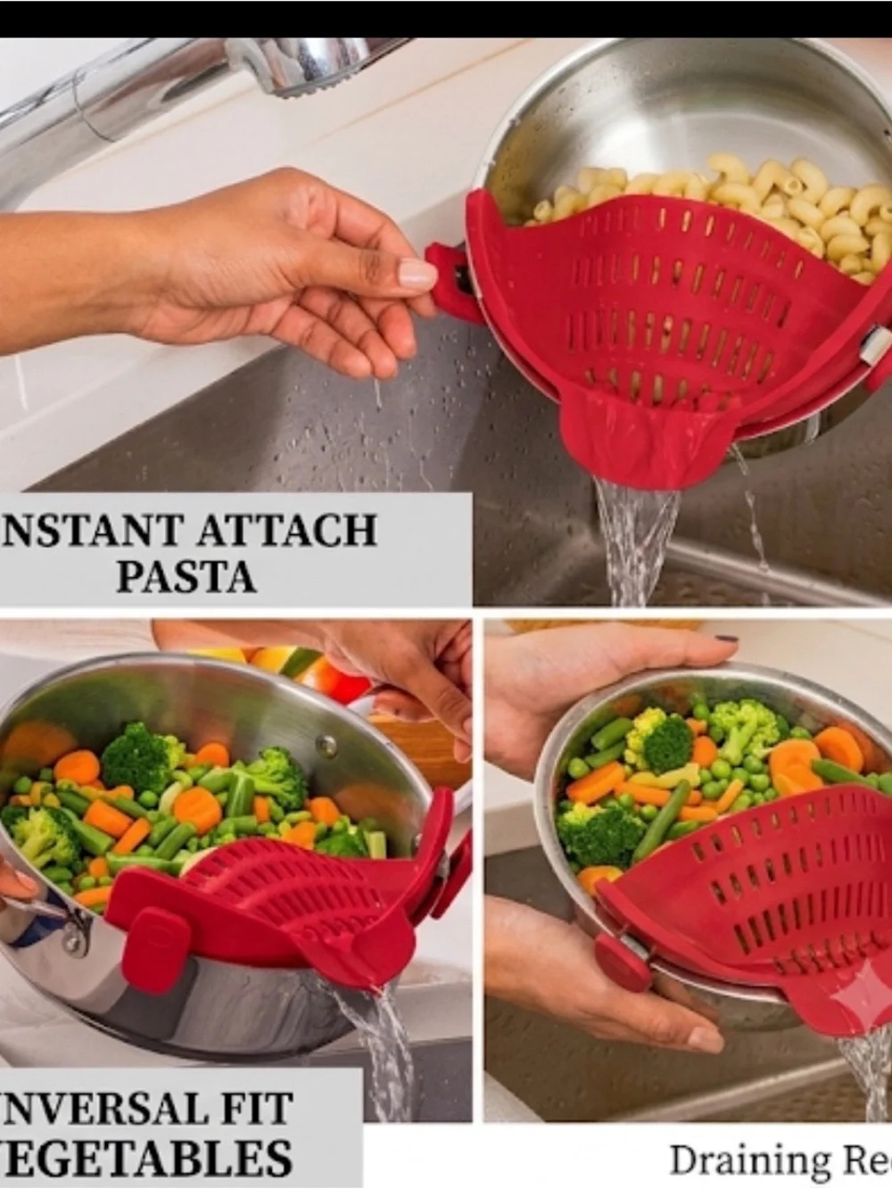 Universal Red Silicone Clip-On Strainer for Bowls and Pots